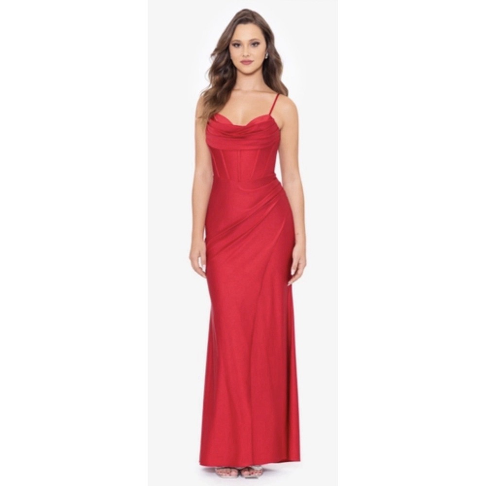 Betsy And Adam A26239 Red Satin Evening Gown Size 8 Corseted